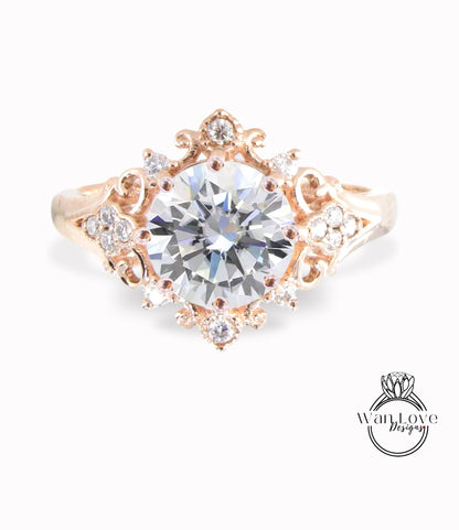 Moissanite & Diamonds Ornate Floral Quatrefoil Engagement Ring, Round Antique Custom Vintage Bridal Wedding ring, Anniversary Gift