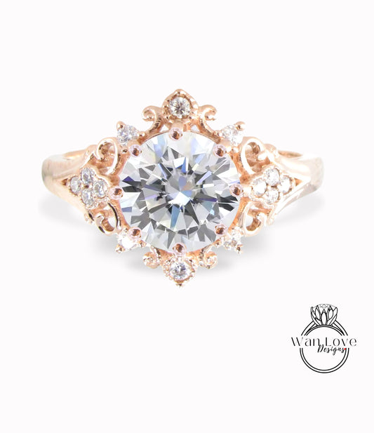 Diamond Ornate Floral Quatrefoil Engagement Ring, IGI Certified Diamond Round Antique Custom Vintage Bridal Wedding ring, Anniversary Gift