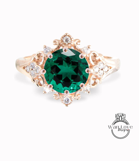 Emerald & Diamonds Ornate Floral Quatrefoil Engagement Ring, Round Antique Custom Vintage Bridal Wedding ring, Anniversary Gift