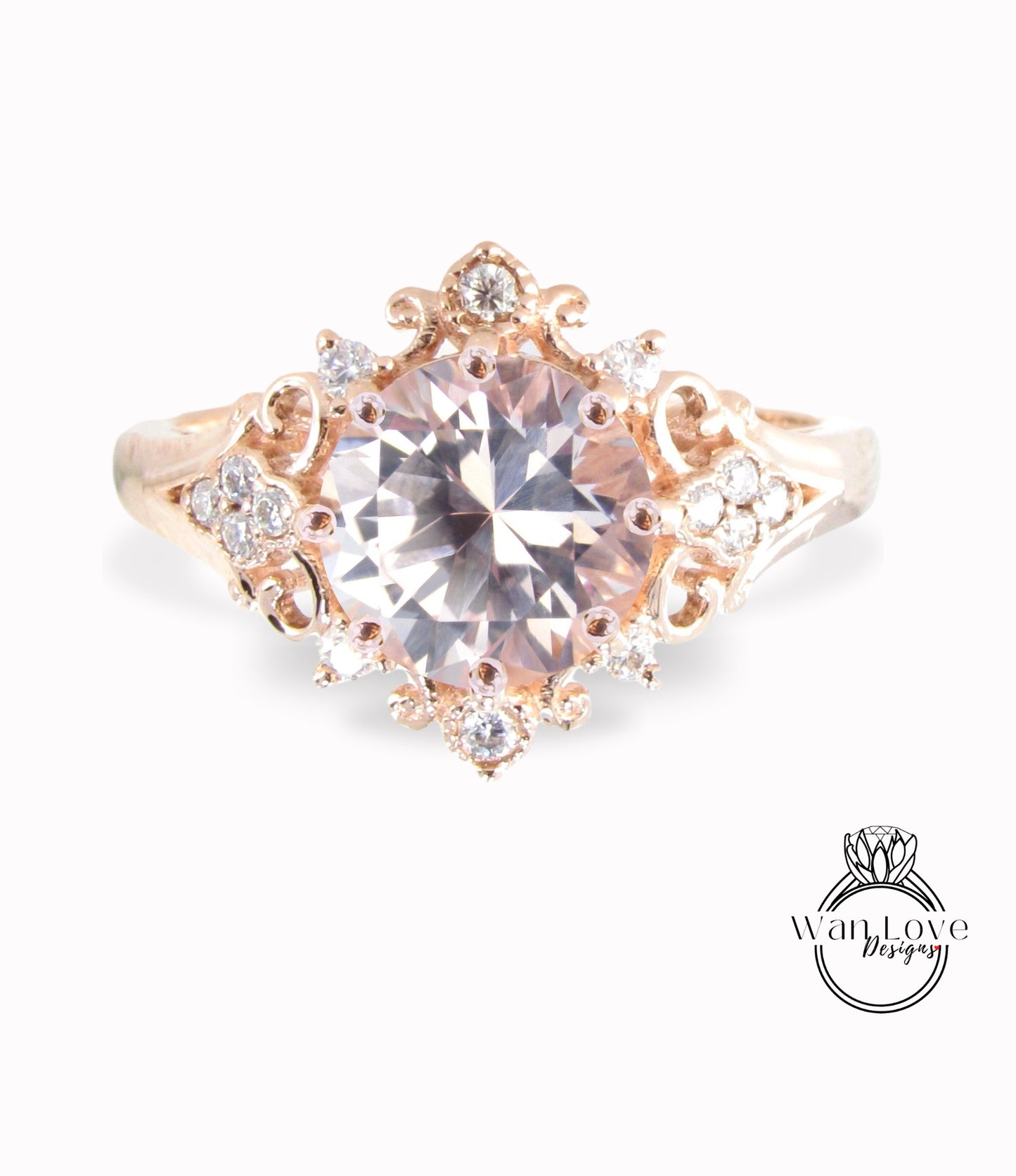 Peach Sapphire & Diamonds Ornate Floral Quatrefoil Engagement Ring, Round Antique Custom Vintage Bridal Wedding ring, Anniversary Gift