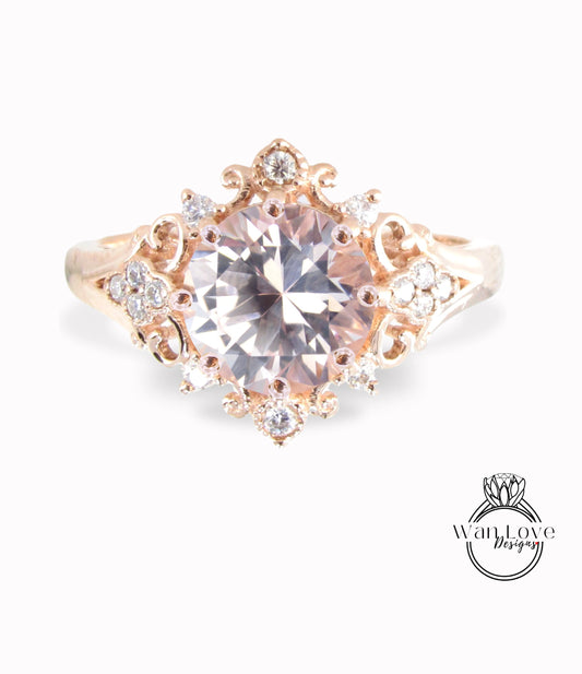 Peach Sapphire Diamond & Diamonds Ornate Floral Quatrefoil Engagement Ring, Round Antique Custom Vintage Bridal Wedding ring, Anniversary Gift