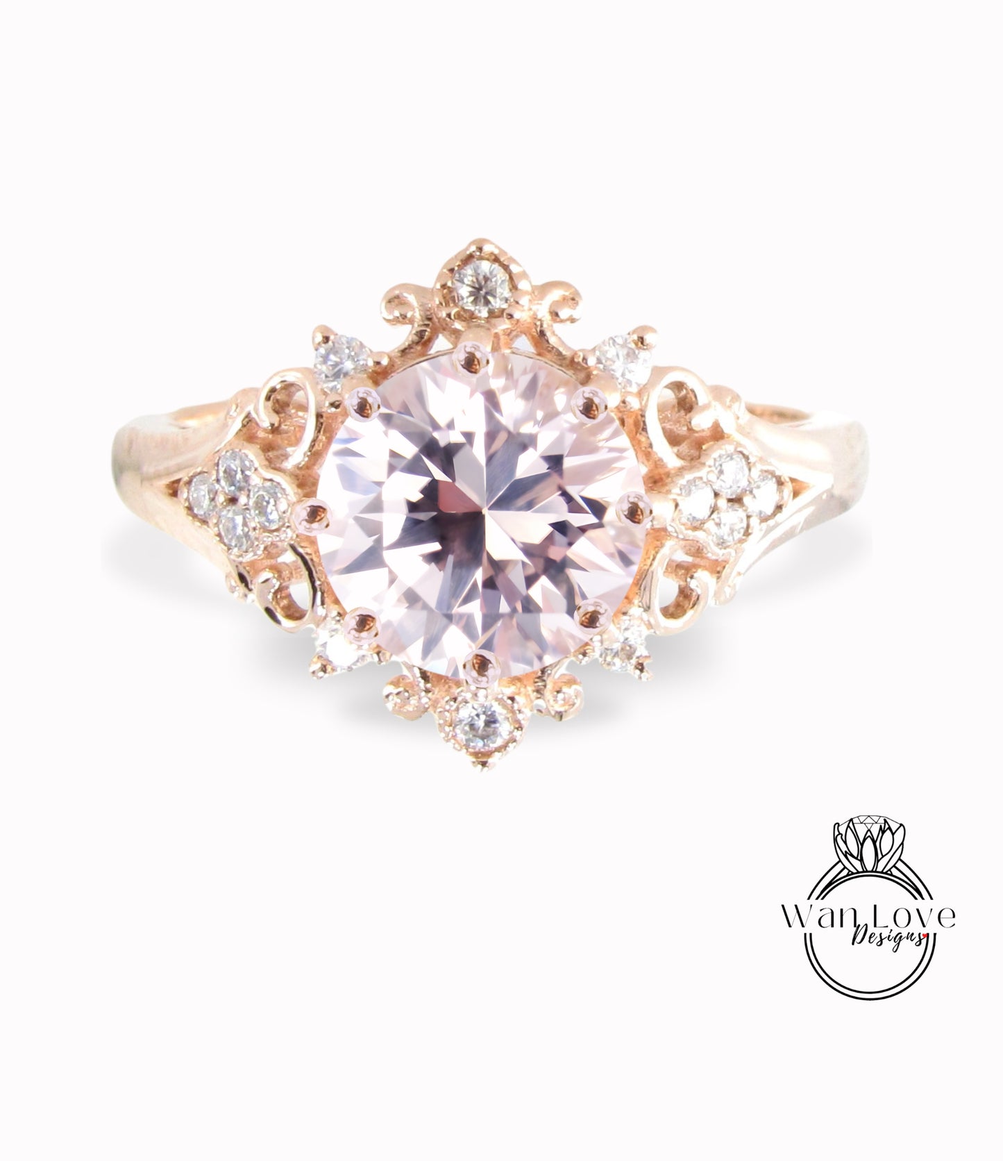 Light Pink Sapphire & Diamonds Ornate Floral Quatrefoil Engagement Ring, Round Antique Custom Vintage Bridal Wedding ring, Anniversary Gift