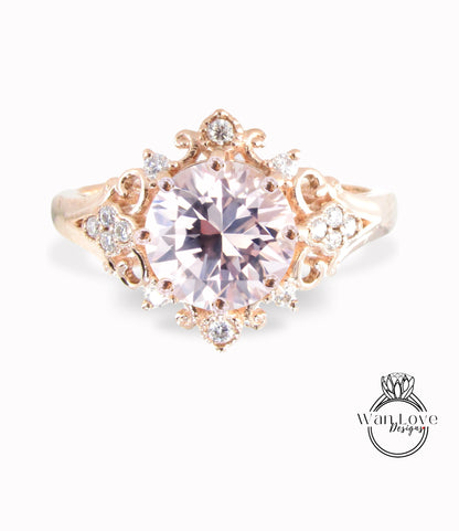 Light Pink Sapphire & Diamonds Ornate Floral Quatrefoil Engagement Ring, Round Antique Custom Vintage Bridal Wedding ring, Anniversary Gift