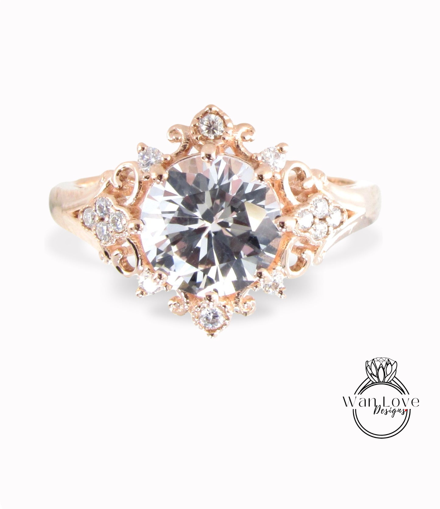 Anello di fidanzamento moissanite con zaffiro bianco vintage, anello floreale a taglio rotondo, anello unico in oro rosa, anello di fidanzamento per anniversario di matrimonio