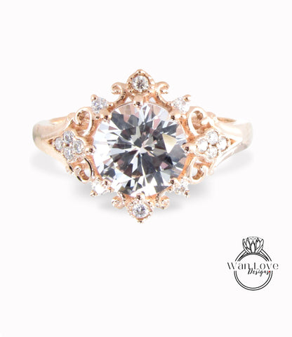 Anello di fidanzamento moissanite con zaffiro bianco vintage, anello floreale a taglio rotondo, anello unico in oro rosa, anello di fidanzamento per anniversario di matrimonio