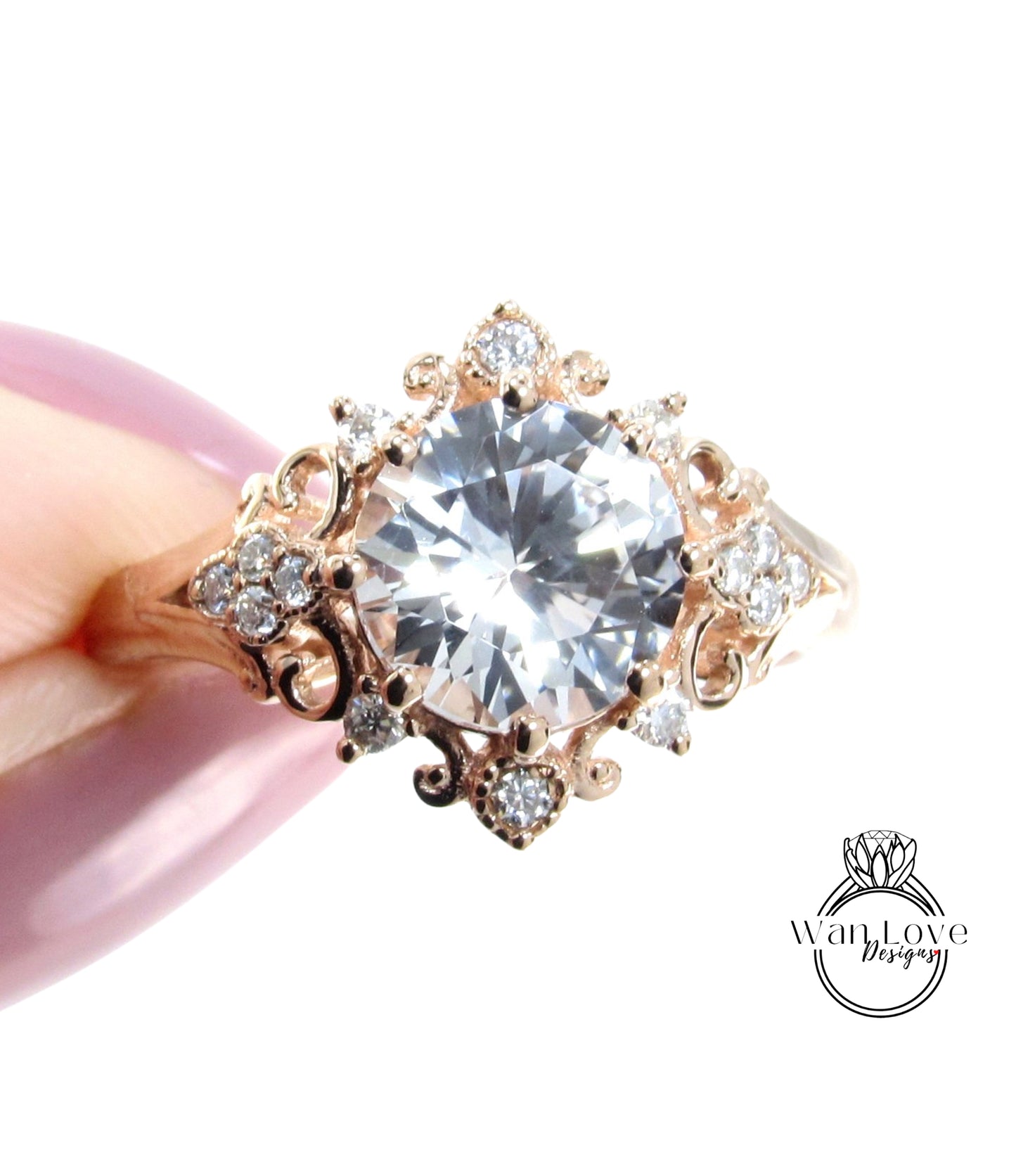 Anello di fidanzamento moissanite con zaffiro bianco vintage, anello floreale a taglio rotondo, anello unico in oro rosa, anello di fidanzamento per anniversario di matrimonio