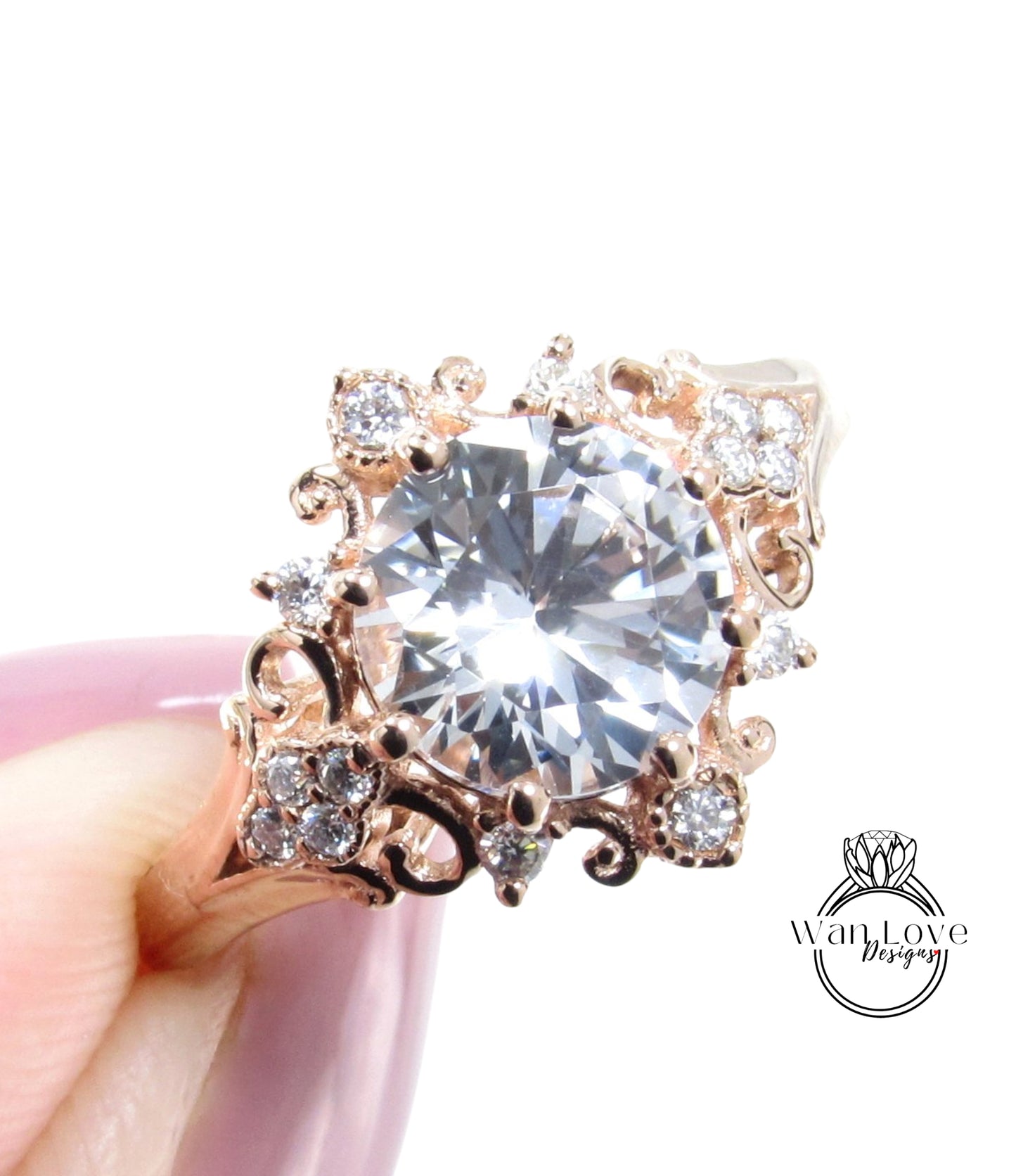 Anello di fidanzamento moissanite con zaffiro bianco vintage, anello floreale a taglio rotondo, anello unico in oro rosa, anello di fidanzamento per anniversario di matrimonio