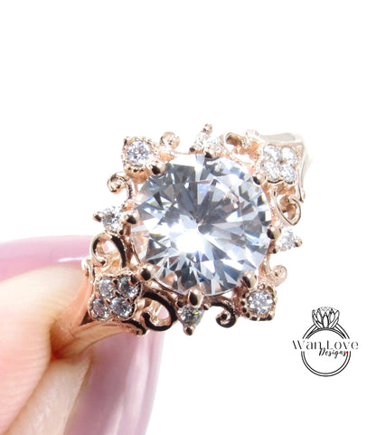 Anello di fidanzamento moissanite con zaffiro bianco vintage, anello floreale a taglio rotondo, anello unico in oro rosa, anello di fidanzamento per anniversario di matrimonio