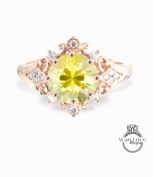 Yellow Sapphire & Diamonds Ornate Floral Quatrefoil Engagement Ring, Round Antique Custom Vintage Bridal Wedding ring, Anniversary Gift