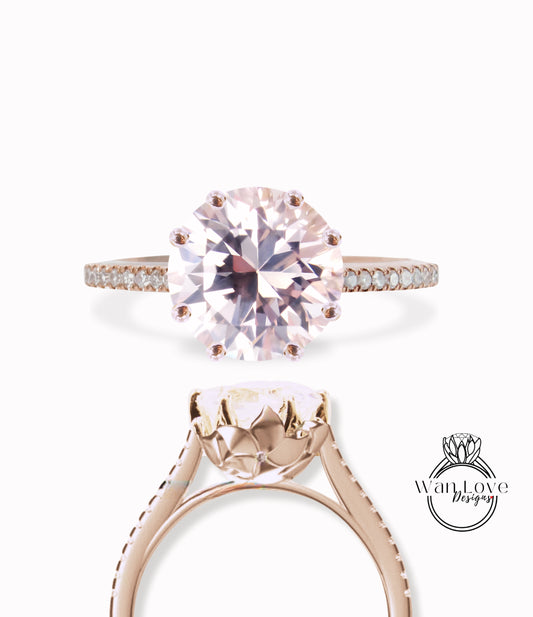 Light Pink Sapphire & Diamond Flower 8 Prong Engagement Ring Round Floral Plumeria 14k 18k White Yellow Rose Gold Platinum, Anniversary Gift