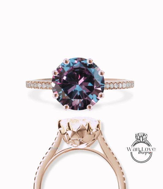 Purple Sapphire Alexandrite Color & Diamond Flower 8 Prong Engagement Ring Round Floral Plumeria 14k 18k White Yellow Rose Gold Platinum