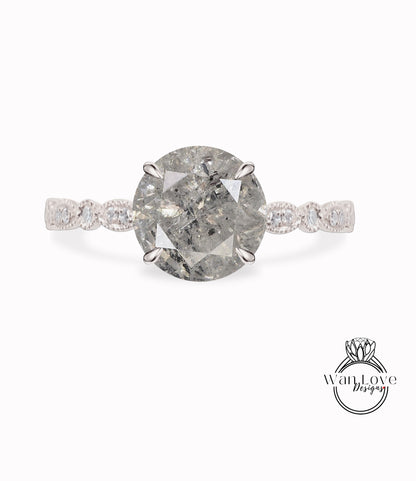 Anello di fidanzamento con diamante smerlato sale e pepe, anello nuziale con diamante sale e pepe vintage Milgrain, anello con diamante Halo rotondo, anello anniversario