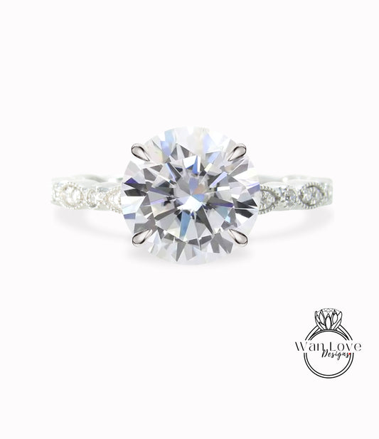 Vintage Style Scalloped Round Diamond Engagement Ring, Solitaire Round Diamond Antique Style milgrain Ring, Solid 14k gold engagement ring with IGI lab diamonds