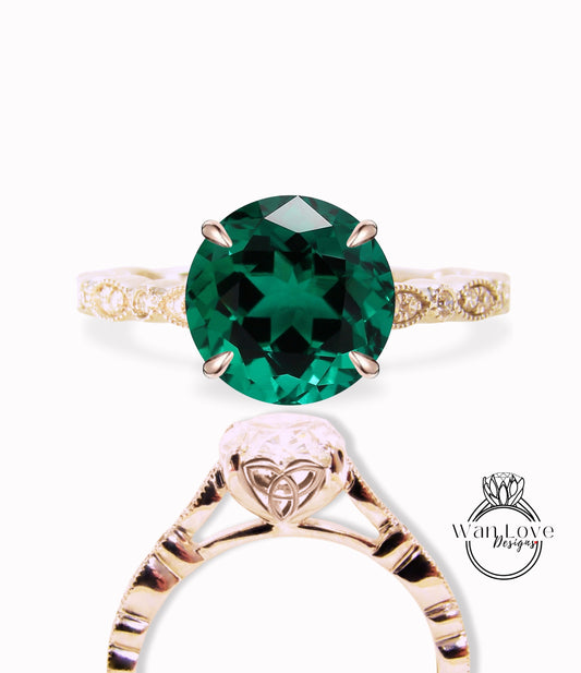 Anello di fidanzamento con fede nuziale Triquetra con nodo celtico con diamanti smeraldo rotondi, anello di fidanzamento celtico Regalo unico anello in oro massiccio da sposa