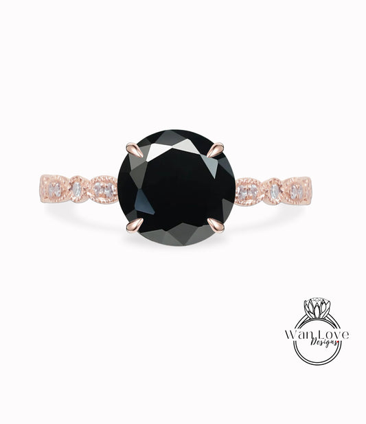 Anello rotondo con spinello nero Anello di fidanzamento in oro rosa massiccio 14K vintage Anello di fidanzamento con diamante smerlato Anello di promessa Art Deco milgrain per le donne