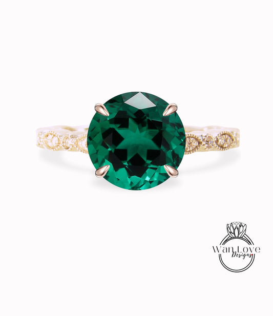 Smeraldo rotondo e diamante Art Déco vintage con pavé CON o SENZA fedi nuziali di fidanzamento Milgrain, oro massiccio rosa bianco giallo 14kt 18kt