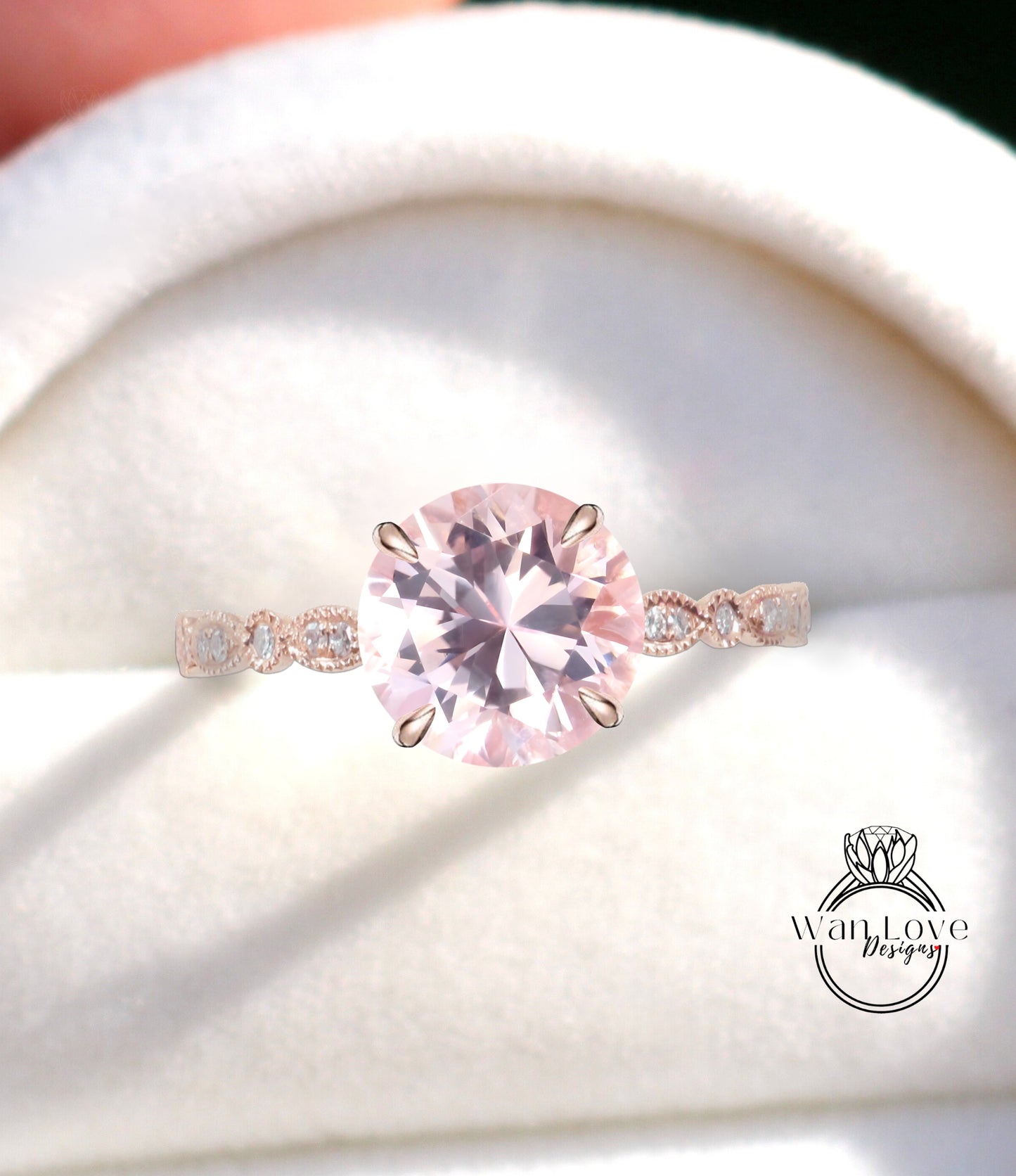 Round Peach Sapphire Ring Vintage Solid Rose Gold Engagement Ring scalloped Diamond Wedding Ring Art Deco milgrain Promise Ring