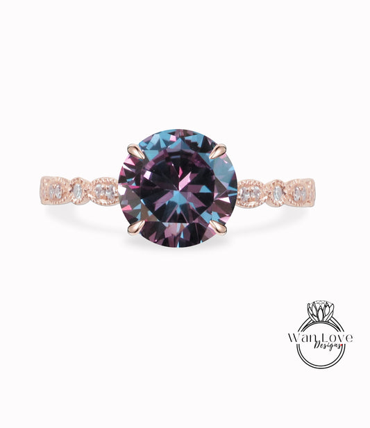 Round Purple Alexandrite Sapphire Ring Vintage Solid Rose Gold Engagement Ring scalloped Diamond Wedding Ring Art Deco milgrain Promise Ring