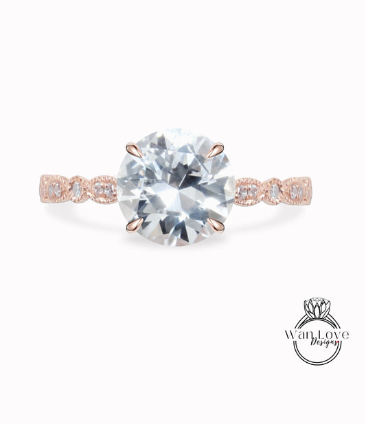 Vintage Round cut White Sapphire engagement ring Rose gold ring Art deco Diamond Milgrain antique wedding Bridal Anniversary promise ring