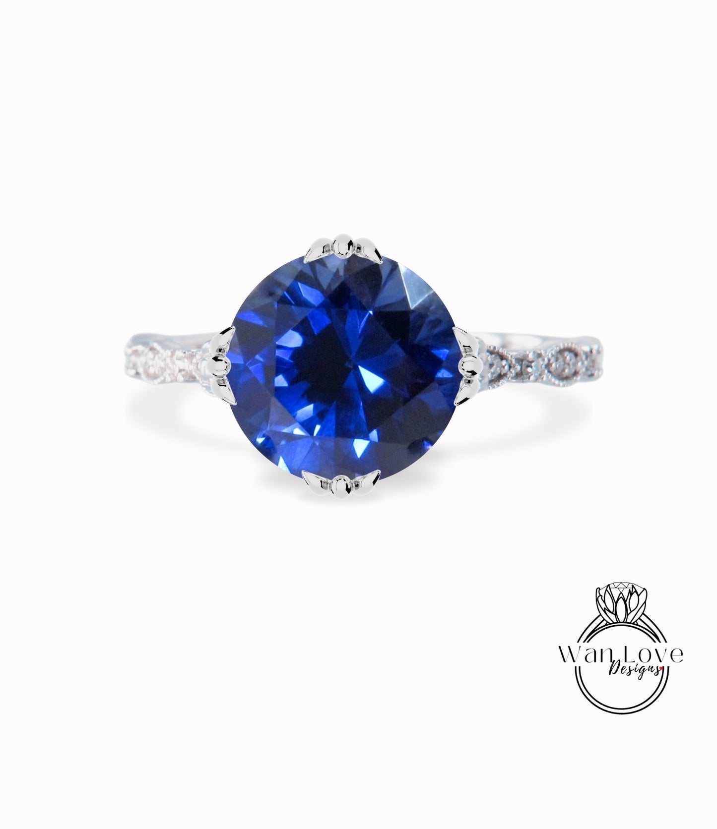 Anello di fidanzamento rotondo con tripla coda di pesce smerlato antico Milgrain con zaffiro bianco e diamante, matrimonio personalizzato in oro 18kt e platino 14kt