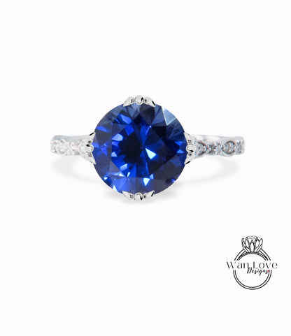 Anello di fidanzamento rotondo con tripla coda di pesce smerlato antico Milgrain con zaffiro bianco e diamante, matrimonio personalizzato in oro 18kt e platino 14kt