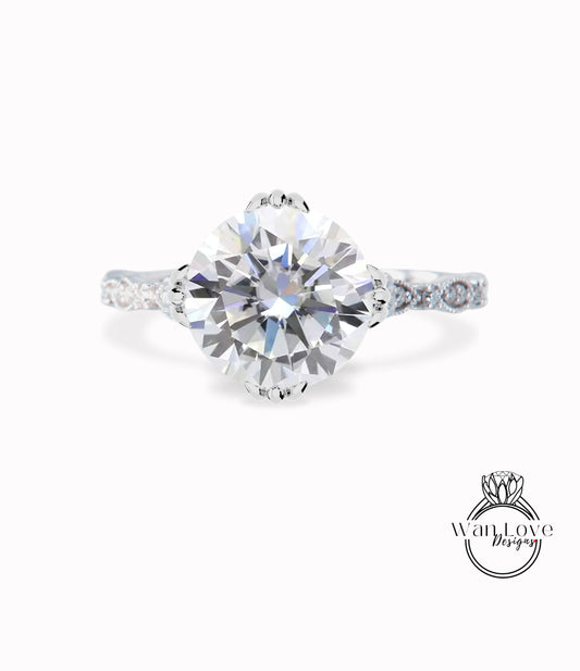 Anello con diamante Moissanite vintage Anello con punta tripla coda di pesce antico Anello di fidanzamento rotondo Anello da sposa con fascia smerlata a foglia Milgrain regalo