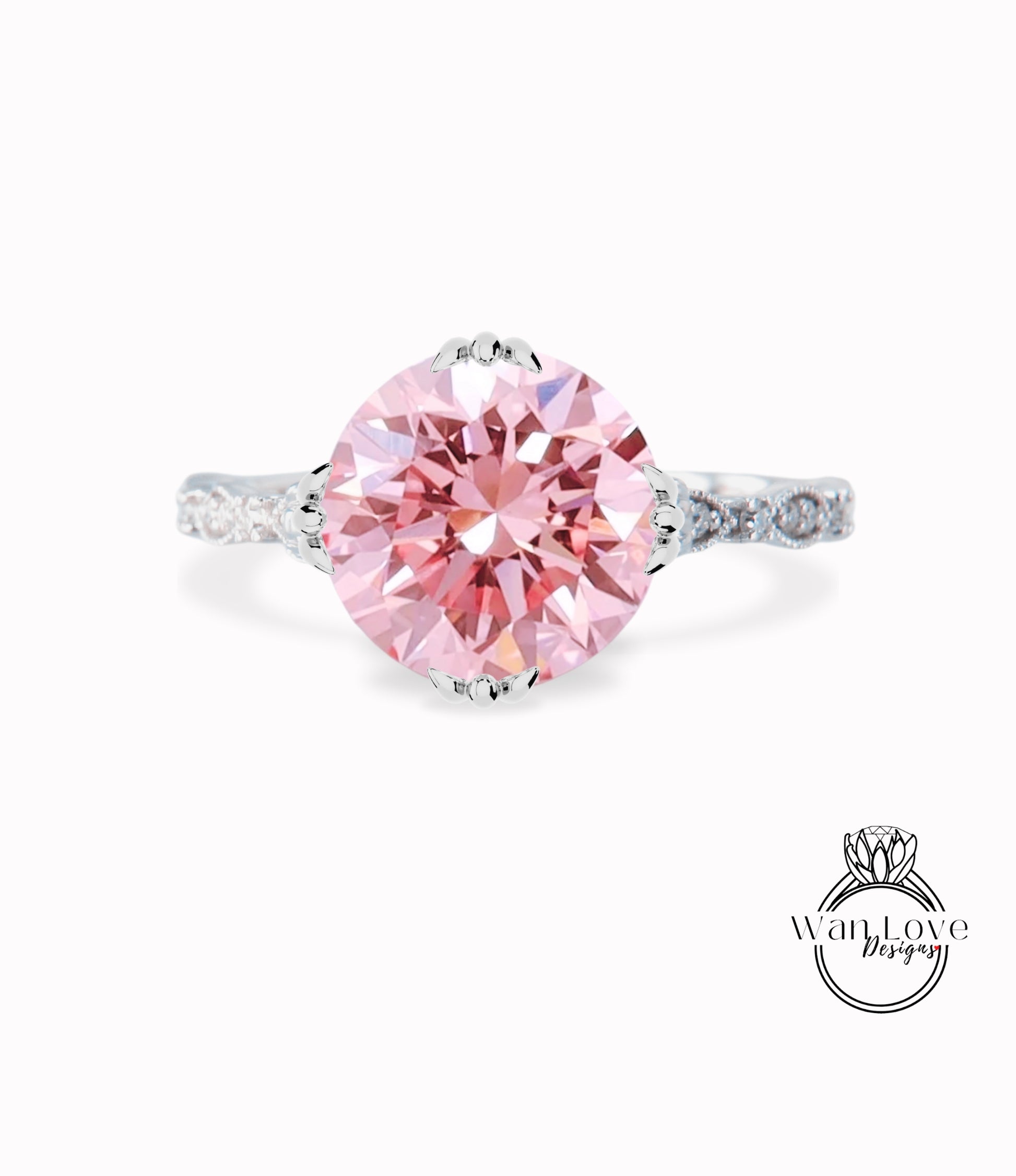 Vintage Pink Diamond ring Antique Triple Fishtail prong ring Round Engagement Ring Milgrain Leaf Scalloped Band bridal ring gift