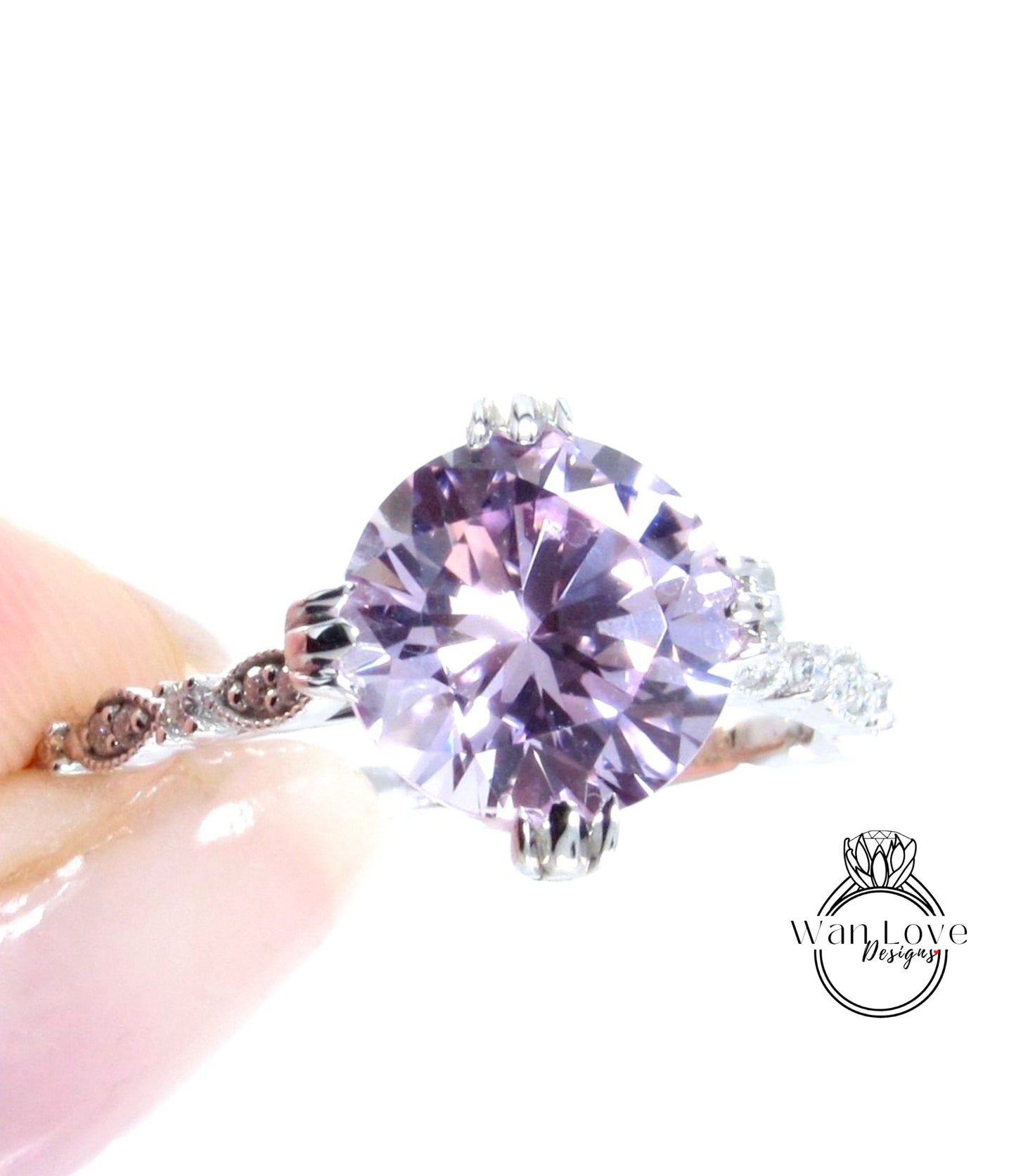 Set di anelli di fidanzamento con foglia di castone rotondo eternità con foglia Milgrain e zaffiro rosa chiaro, fede nuziale, regalo di anniversario da 2 ct 8 mm, pronto per la spedizione