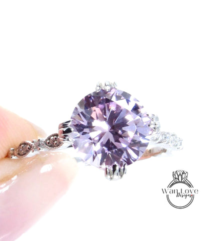 Set di anelli di fidanzamento con foglia di castone rotondo eternità con foglia Milgrain e zaffiro rosa chiaro, fede nuziale, regalo di anniversario da 2 ct 8 mm, pronto per la spedizione