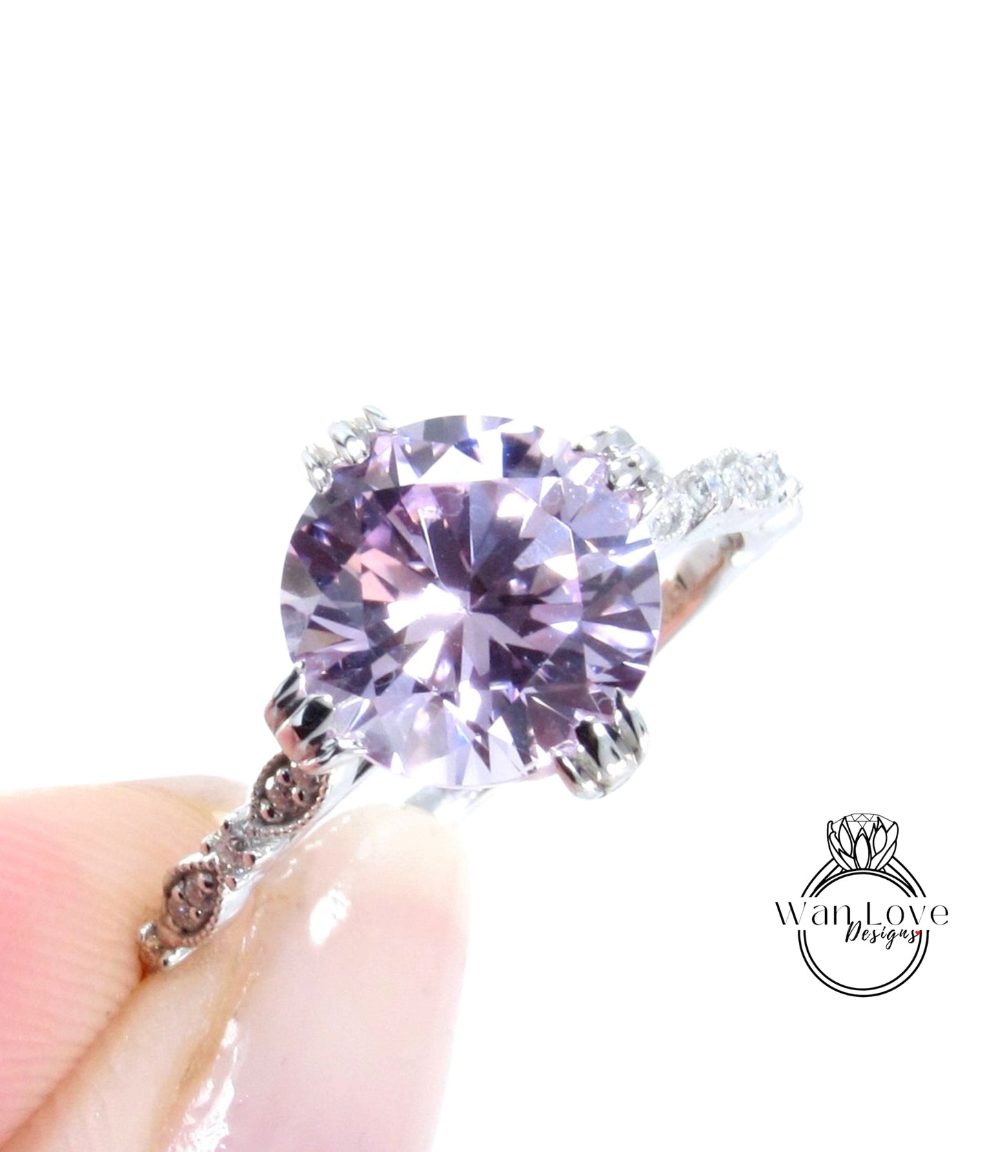 Set di anelli di fidanzamento con foglia di castone rotondo eternità con foglia Milgrain e zaffiro rosa chiaro, fede nuziale, regalo di anniversario da 2 ct 8 mm, pronto per la spedizione