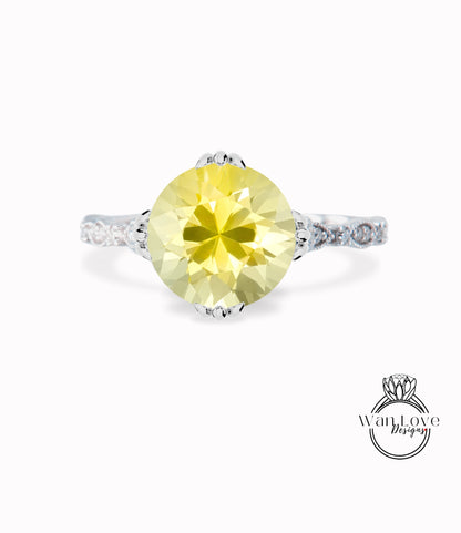 Yellow Sapphire & Diamond Milgrain Antique Scalloped Triple Fishtail prong Round Engagement Ring, Custom-Wedding-14kt 18kt Gold-Platinum