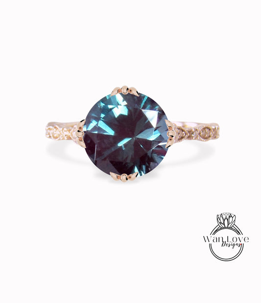 Alexandrite & Diamond Milgrain Antique Scalloped Triple Fishtail prong Round Engagement Ring, Custom-Wedding-14kt 18kt Gold-Platinum
