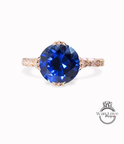 Anello di fidanzamento rotondo con tripla coda di pesce smerlato antico Milgrain con zaffiro bianco e diamante, matrimonio personalizzato in oro 18kt e platino 14kt