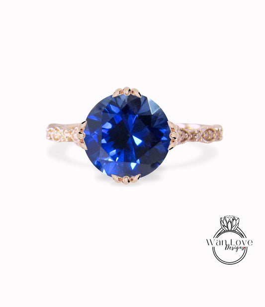Blue Sapphire & Diamond Milgrain Antique Scalloped Triple Fishtail prong Round Engagement Ring, Custom-Wedding-14kt 18kt Gold-Platinum