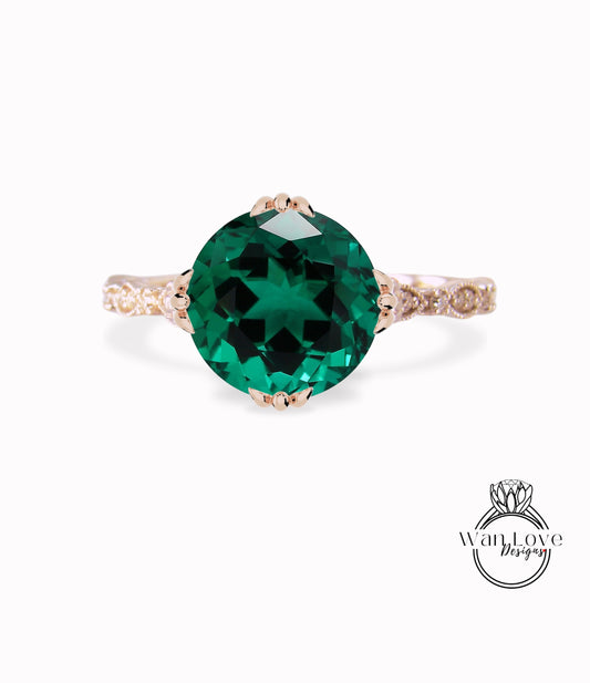 Anello di fidanzamento rotondo con punta a tripla coda di pesce smerlato antico Milgrain con smeraldo e diamante, matrimonio personalizzato-14kt oro 18kt-platino, anniversario