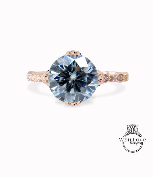 Anello con diamante Moissanite grigio vintage Anello con punta tripla coda di pesce antico Anello di fidanzamento rotondo Anello da sposa con fascia smerlata a foglia Milgrain regalo