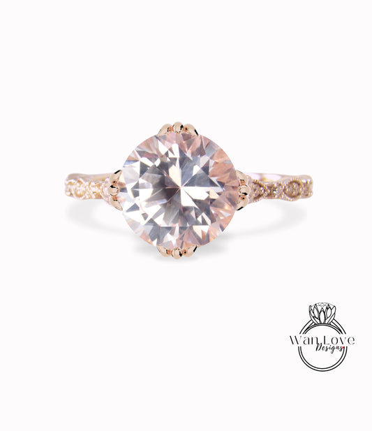 Peach Sapphire & Diamond Milgrain Antique Scalloped Triple Fishtail prong Round Engagement Ring, Custom-Wedding-14kt 18kt Gold-Platinum