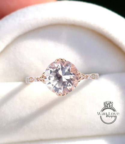 Anello di fidanzamento vintage con zaffiro pesca, anello in labradorite rotondo in oro, anello con diamanti art deco, anello nuziale, anello di promessa di anniversario