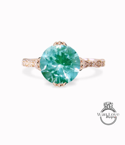 Spinello verde acqua rotondo e diamanti Art Déco con pavé vintage CON o SENZA fedi nuziali di fidanzamento Milgrain, oro massiccio rosa bianco giallo 14kt 18kt