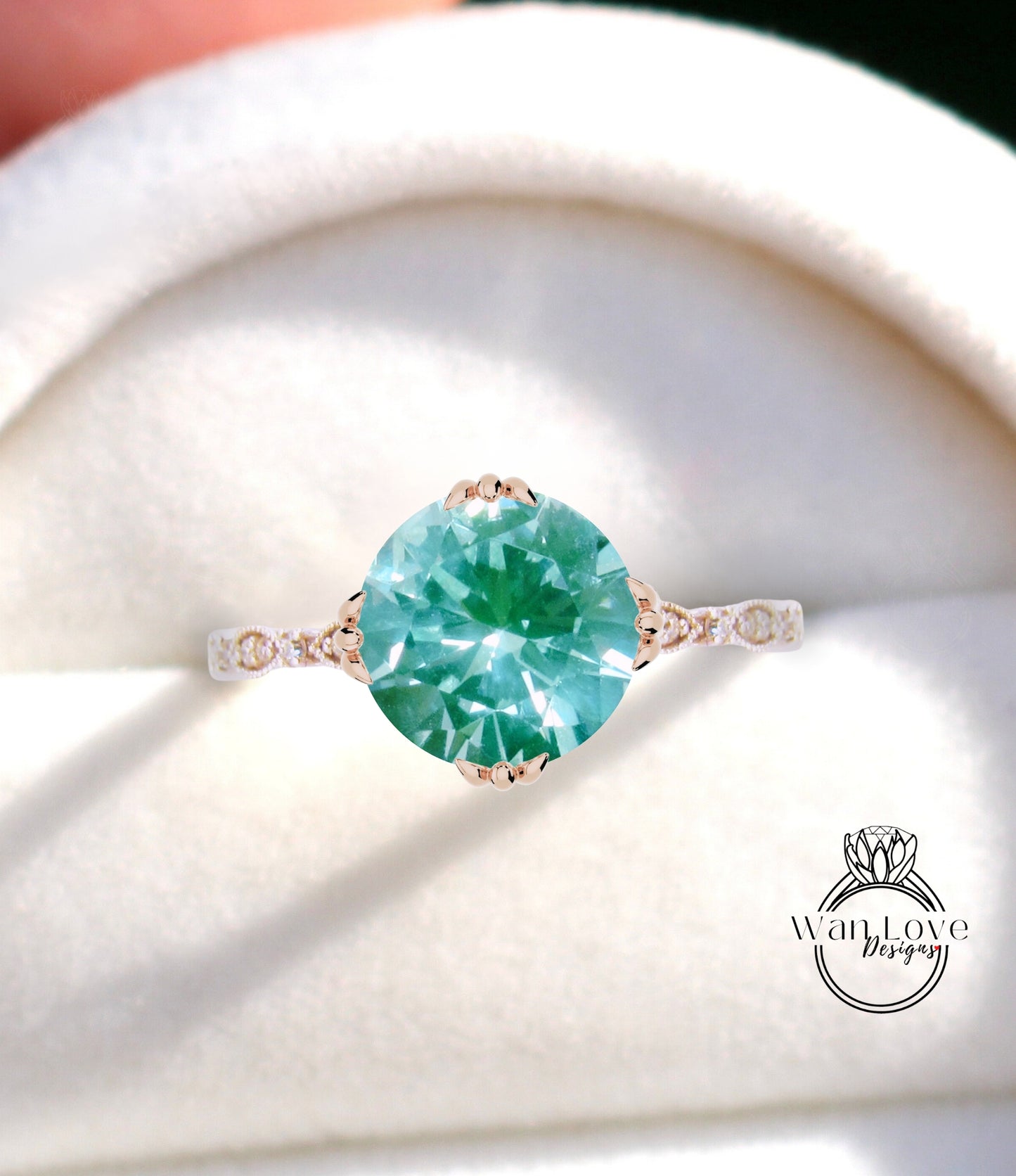 Spinello verde acqua rotondo e diamanti Art Déco con pavé vintage CON o SENZA fedi nuziali di fidanzamento Milgrain, oro massiccio rosa bianco giallo 14kt 18kt