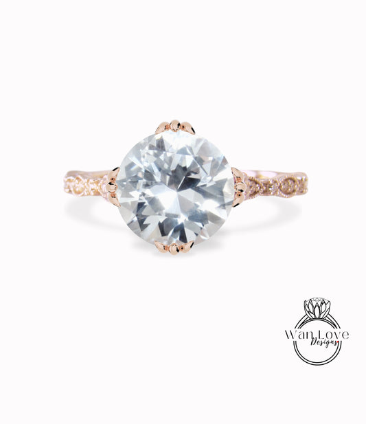 White Sapphire & Diamond Milgrain Antique Scalloped Triple Fishtail prong Round Engagement Ring, Custom-Wedding-14kt 18kt Gold-Platinum