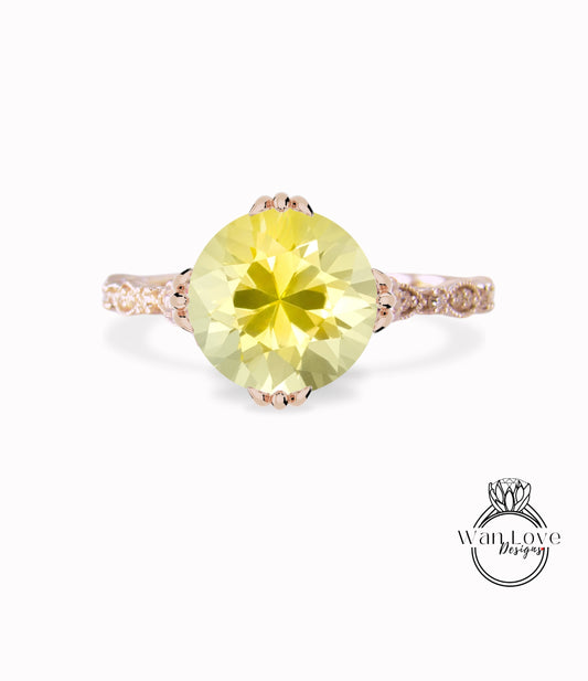 Yellow Sapphire & Diamond Milgrain Antique Scalloped Triple Fishtail prong Round Engagement Ring, Custom-Wedding-14kt 18kt Gold-Platinum
