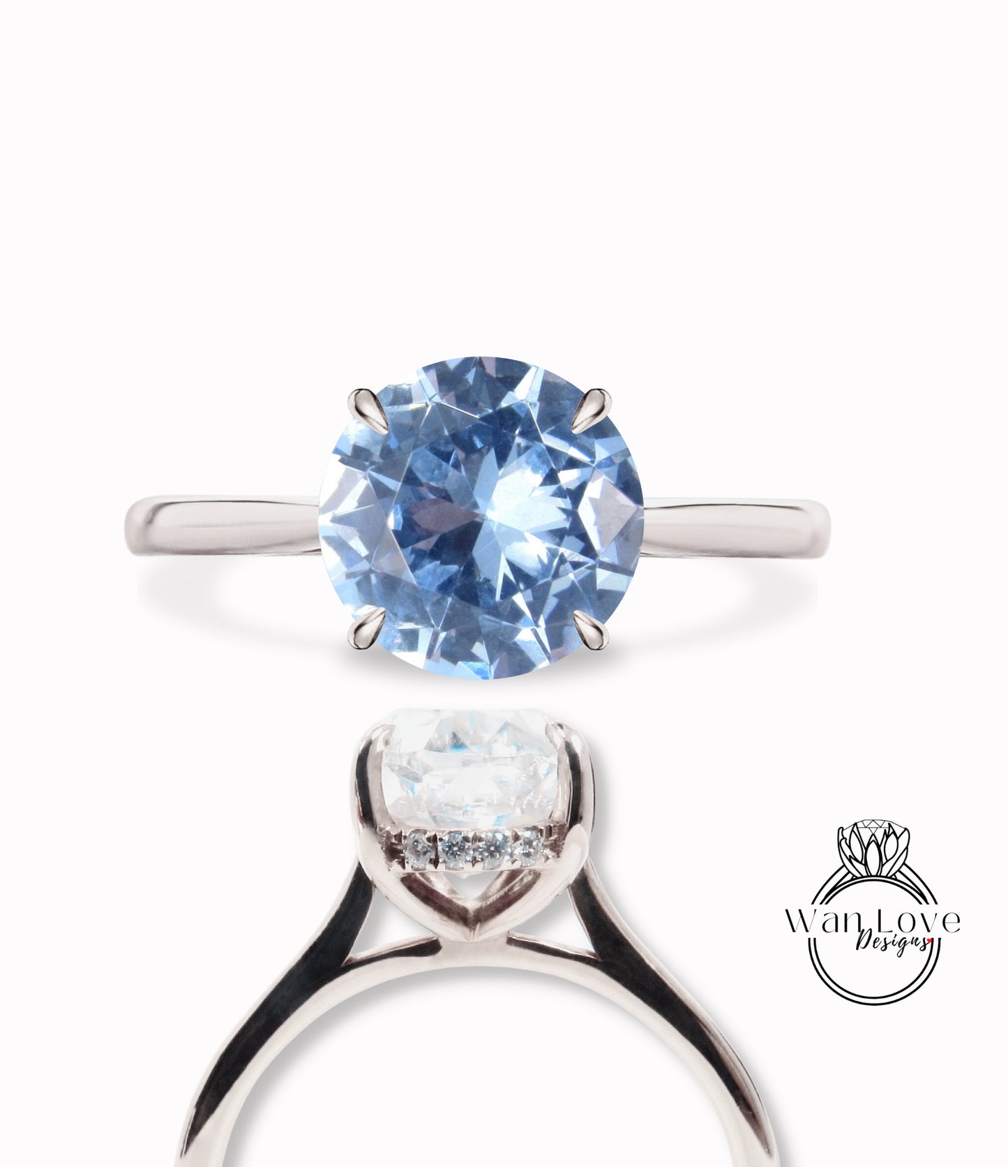 Anello di fidanzamento rotondo con fascia semplice con alone laterale con spinello azzurro acquamarina, solitario cattedrale 14kt 18t oro-platino-matrimonio personalizzato