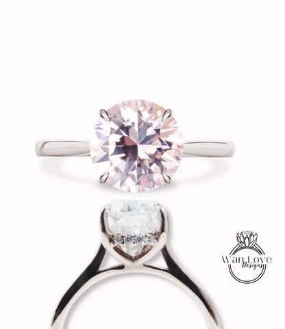 Anello di fidanzamento vintage con zaffiro rosa chiaro taglio rotondo in oro rosa con moissanite/diamante halo anello art deco polo promessa di matrimonio anello anniversario