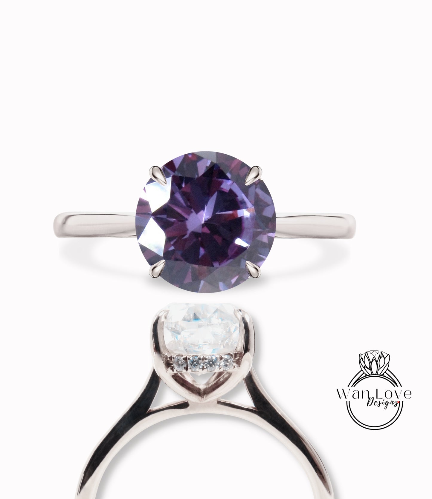 Purple Color Change Alexandrite Color Sapphire & Diamond Round side halo plain band Engagement Ring, Cathedral Basket 14kt 18kt Gold-Platinum-Custom-Wedding, Anniversary Gift