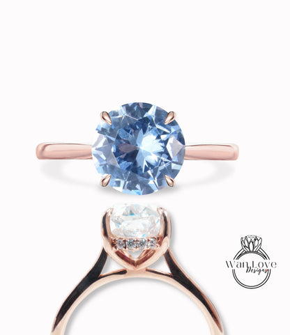 Anello di fidanzamento rotondo con fascia semplice con alone laterale con spinello azzurro acquamarina, solitario cattedrale 14kt 18t oro-platino-matrimonio personalizzato