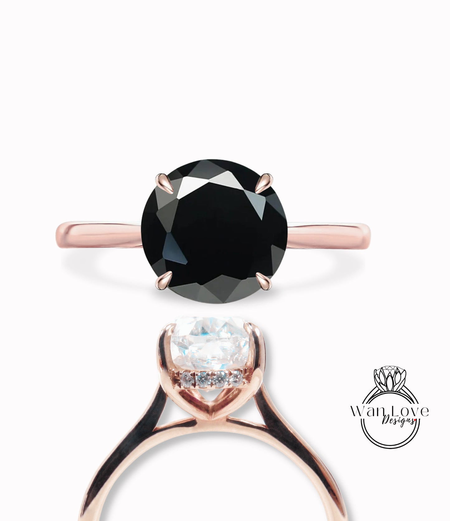 Anello di fidanzamento rotondo con Halo laterale con diamanti spinello nero, personalizzato, 14k 18k bianco rosa oro giallo, platino, matrimonio, WanLoveDesigns