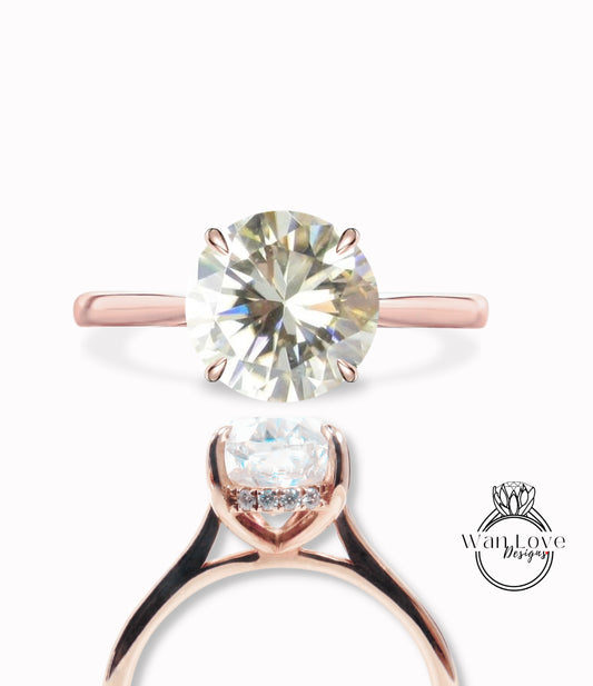 Champagne Moissanite & Diamond Round side halo plain band Engagement Ring, Cathedral Basket 14kt 18kt Gold-Platinum-Custom-Wedding, Anniversary Gift