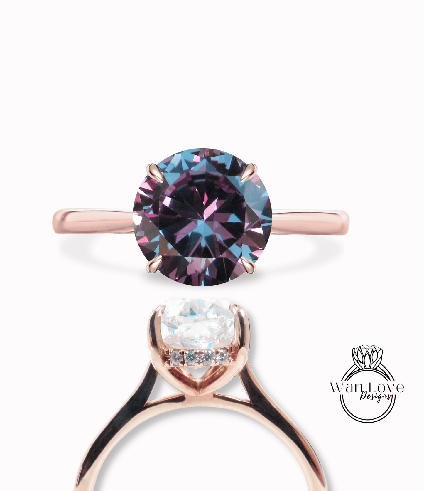 Purple Color Change Alexandrite Color Sapphire & Diamond Round side halo plain band Engagement Ring, Cathedral Basket 14kt 18kt Gold-Platinum-Custom-Wedding, Anniversary Gift