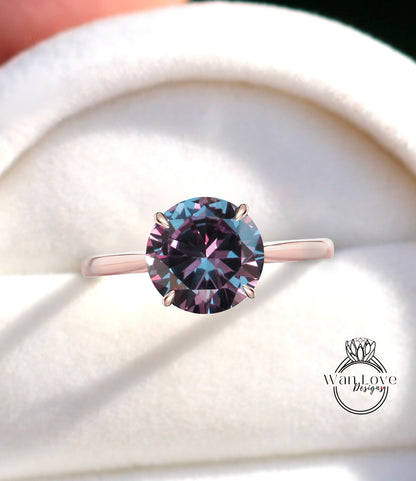 Purple Color Change Alexandrite Color Sapphire & Diamond Round side halo plain band Engagement Ring, Cathedral Basket 14kt 18kt Gold-Platinum-Custom-Wedding, Anniversary Gift